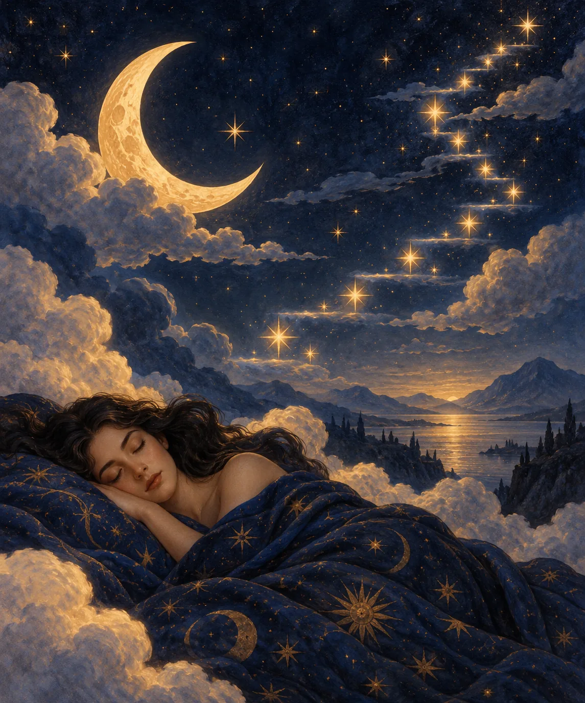 Sleeping figure under a crescent moon with a staircase of stars symbolising a dream